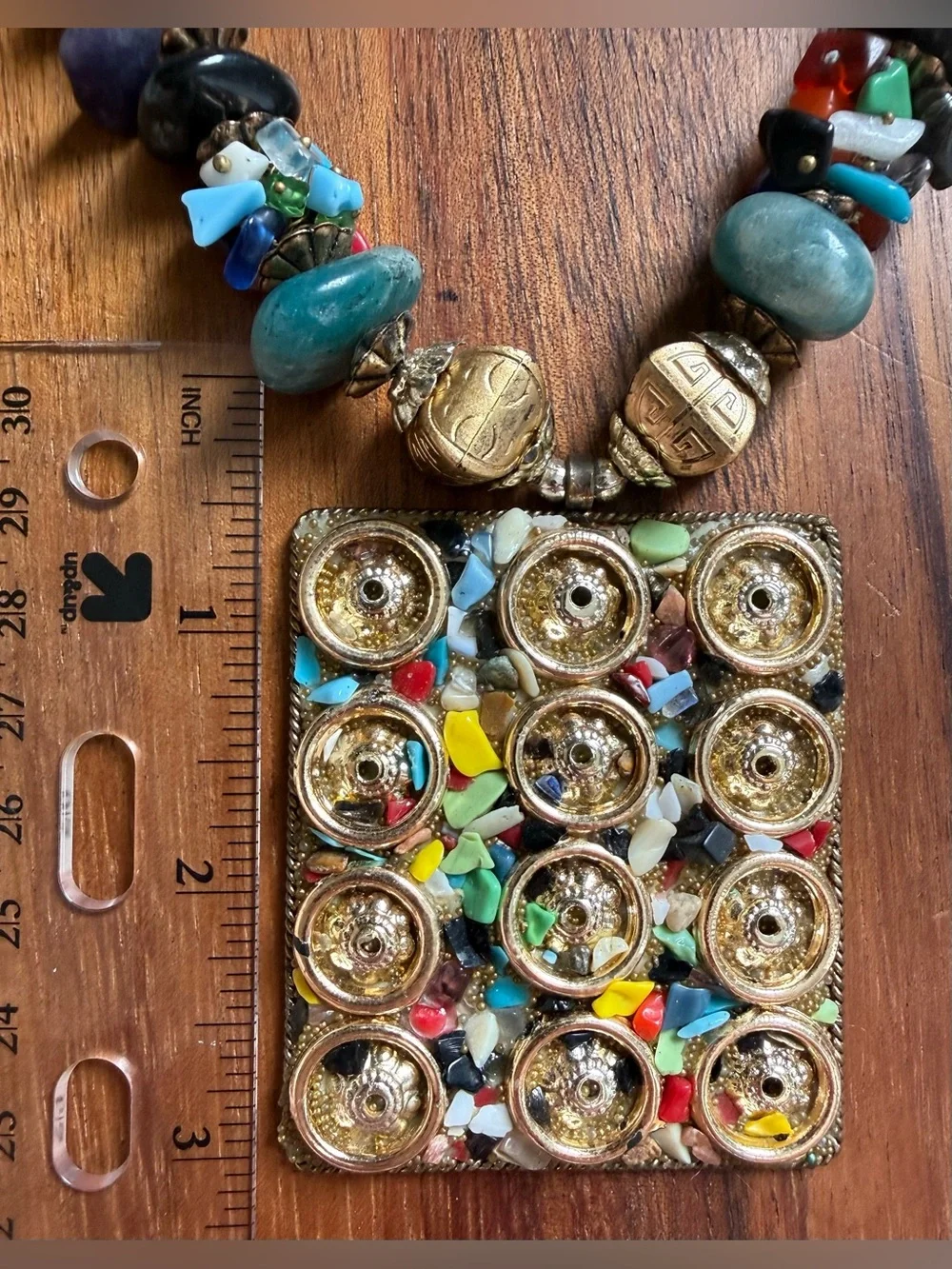 Vintage Artisan Multicolor Gold-Tone Beaded Gemstone Necklace Matching Earrings